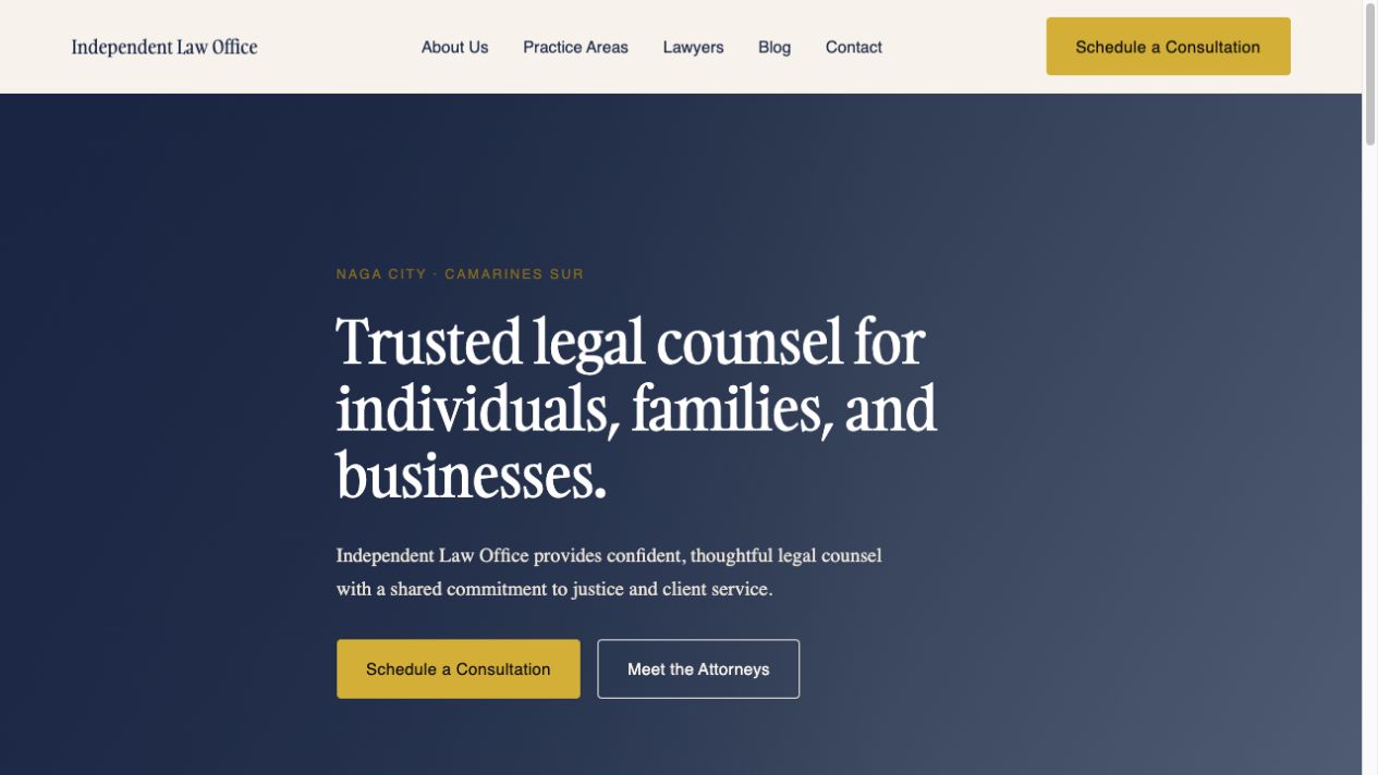 Anonymized law firm staging layout with navy background, serif heading and gold consultation button